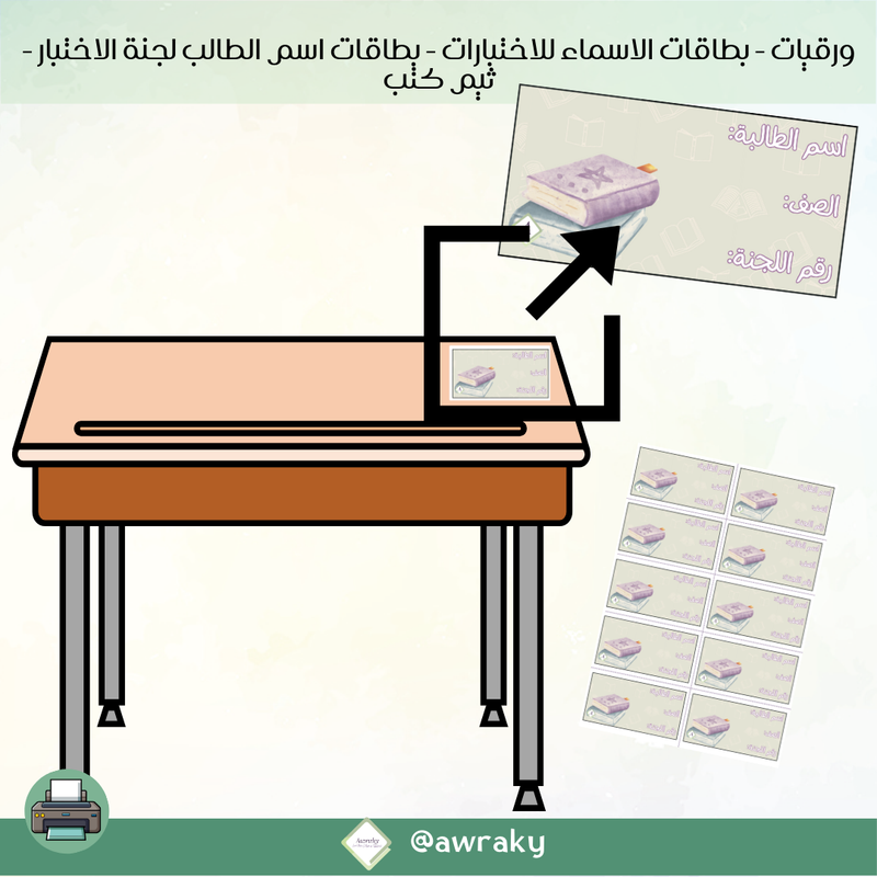 ورقيات - بطاقات الاسماء للاختبارات - بطاقات اسم الطالب لجنة الاختبار - ثيم كتب