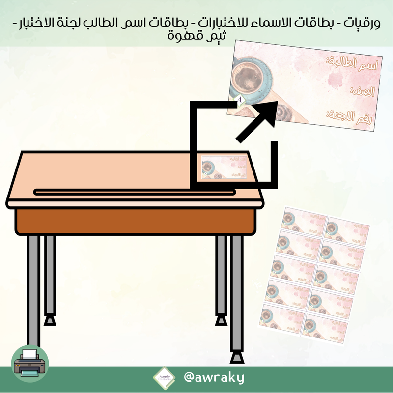 ورقيات - بطاقات الاسماء للاختبارات - بطاقات اسم الطالب لجنة الاختبار - ثيم قهوة