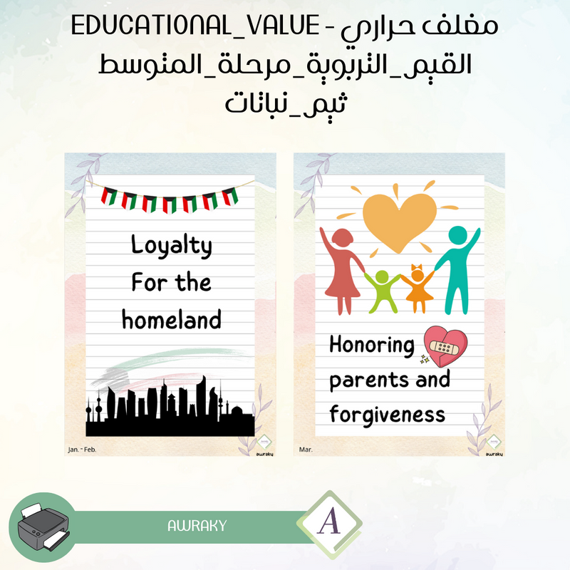 لوحة القيم التربوية - ثيم نباتات - للمرحلة المتوسطة - مغلف حراري - English