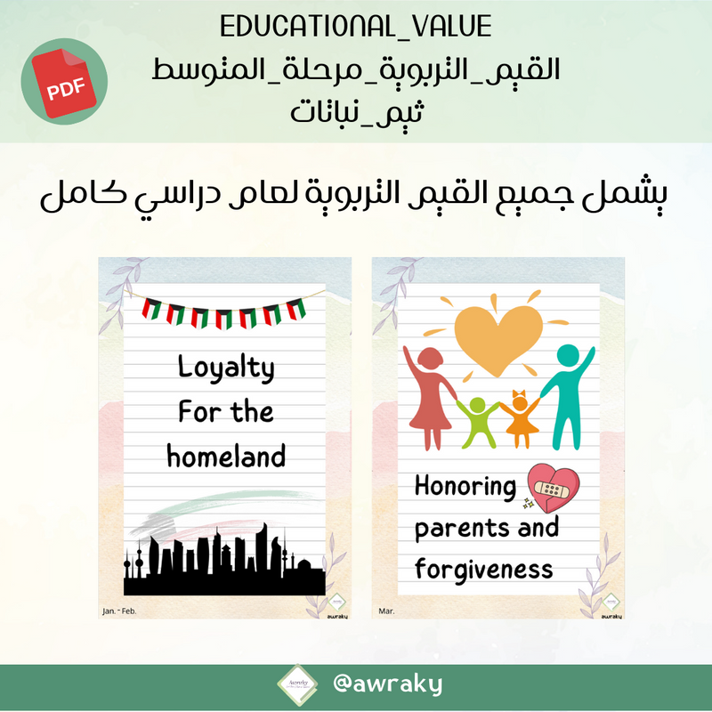 لوحة القيم التربوية - ثيم نباتات - للمرحلة المتوسطة - English