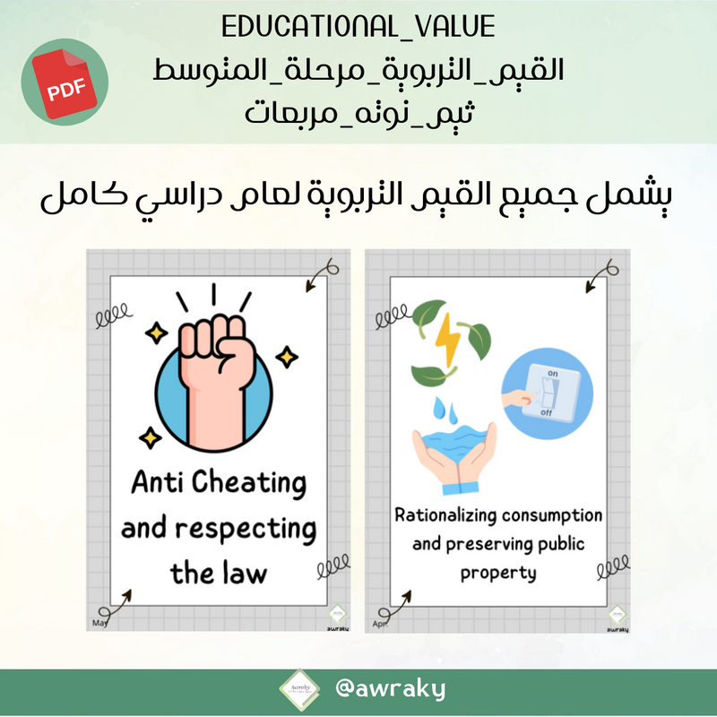 لوحة القيم التربوية - ثيم نوته مربعات - للمرحلة المتوسطة - English