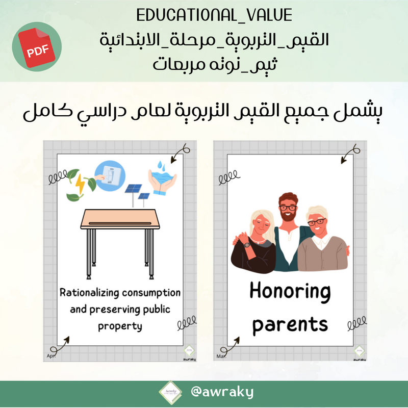 صور القيم التربوية - ثيم نوته مربعات - للمرحلة الابتدائية - English