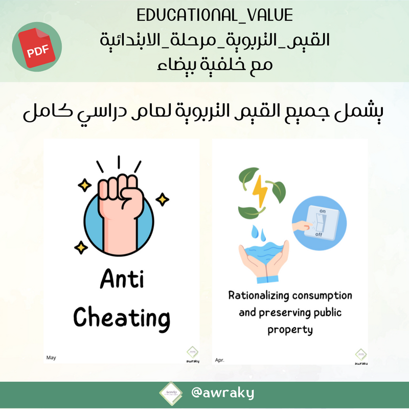 صور القيم التربوية - مع خلفية بيضاء - للمرحلة الابتدائية - English