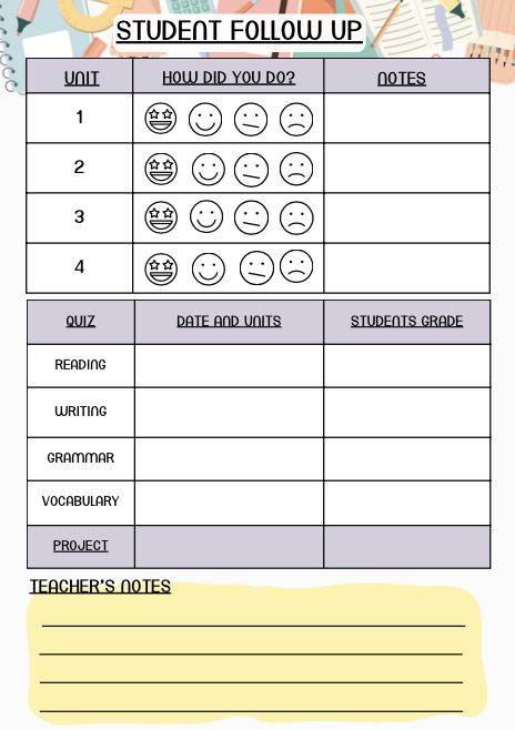 ورقة متابعة الطالبات والطلاب و جداول تحديد الاختبارات القصيرة