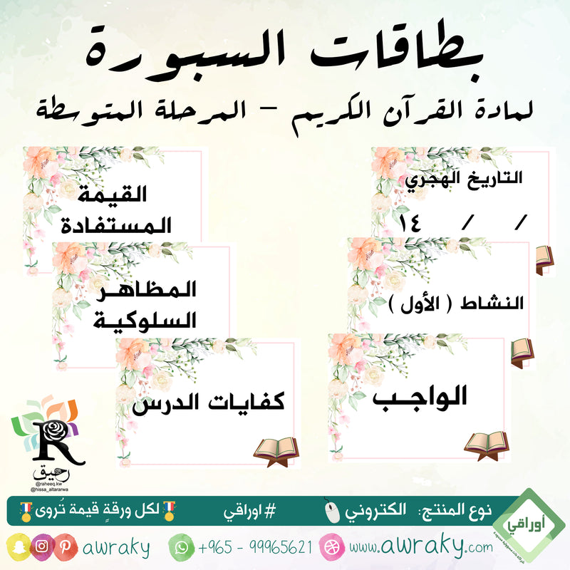 بطاقات السبورة مادة القرآن الكريم- المرحلة المتوسطة