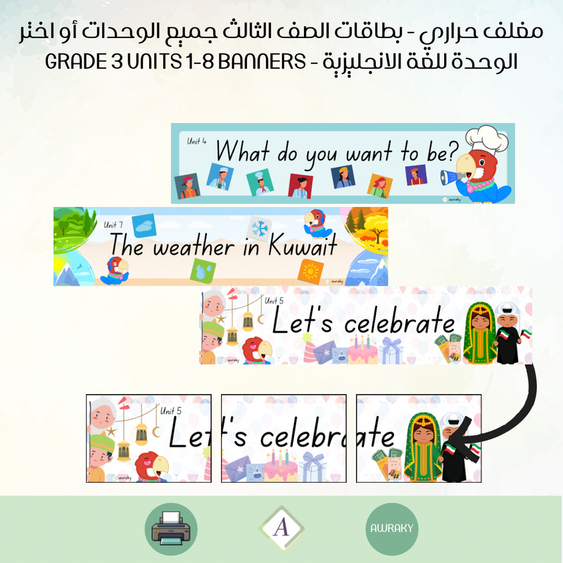 مغلف حراري بطاقات الصف الثالث جميع الوحدات او اختر الوحدة للغة الانجليزية - Grade 3 Unit title all units banner