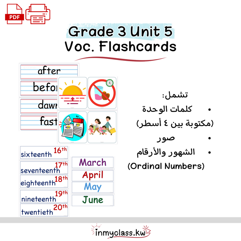بطاقات الوحدة الخامسة للصف الثالث Grade 3 Unit 5 - 1