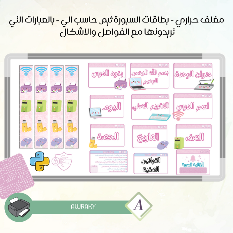 مغلف حراري - بطاقات السبورة ثيم حاسب الي - بالعبارات التي تريدونها مع الفواصل والاشكال - عربي او English