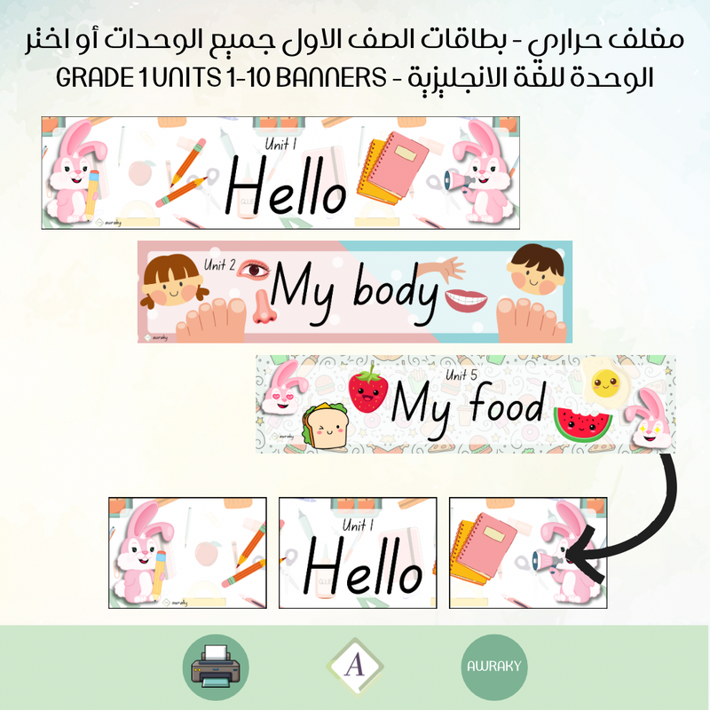 مغلف حراري بطاقات الصف الاول جميع الوحدات او اختر الوحدة للغة الانجليزية - Grade 1 Unit title all units banner