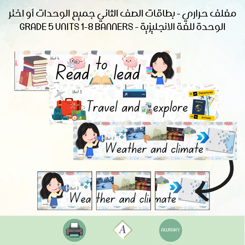 مغلف حراري بطاقات الصف الخامس جميع الوحدات او اختر الوحدة للغة الانجليزية - Grade 5 Unit title all units banner