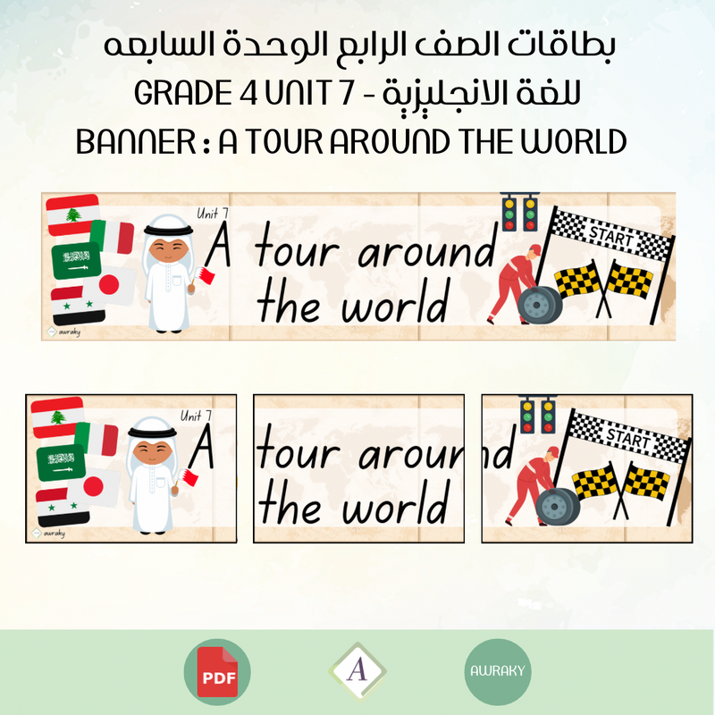 بطاقات الصف الرابع الوحدة السابعه للغة الانجليزية - Grade 4 Unit 7 banner A tour around the world