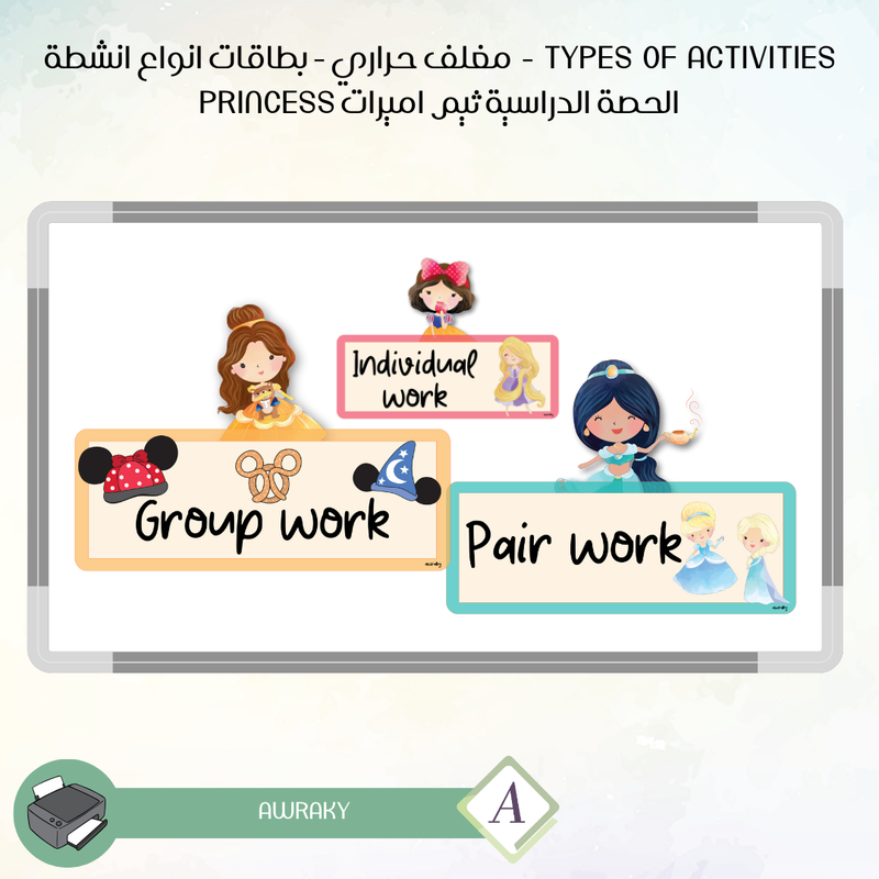 Types of activities - مغلف حراري - بطاقات انواع انشطة الحصة الدراسية ثيم اميرات