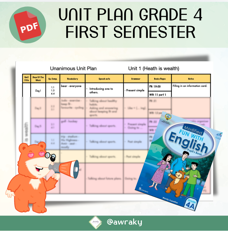 خطة وحدة دراسية مادة اللغة الانجليزية صف الرابع الفصل الدراسي الاول - Unit plan grade 4 first semester