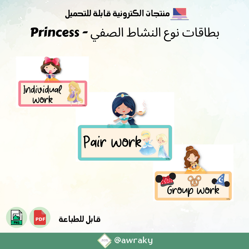 Types of activities - بطاقات انواع انشطة الحصة الدراسية ثيم اميرات Princess